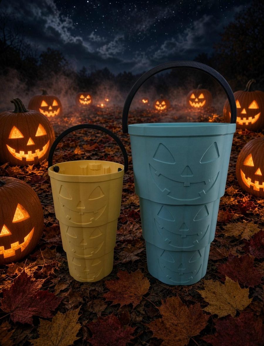 Two EMA Print Lab 3D printed Halloween buckets with jack-o-lantern faces, yellow and teal, among pumpkins